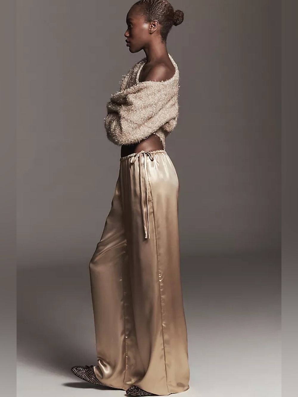 Anthropologie Luxe Satin Wide Leg Champagne Tie Waist